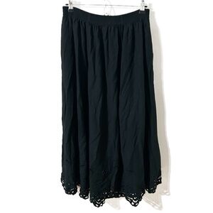 Vintage Jane Ashley Black Eyelet Lace Hemmed Skirt Elastic Waistband Midi Length